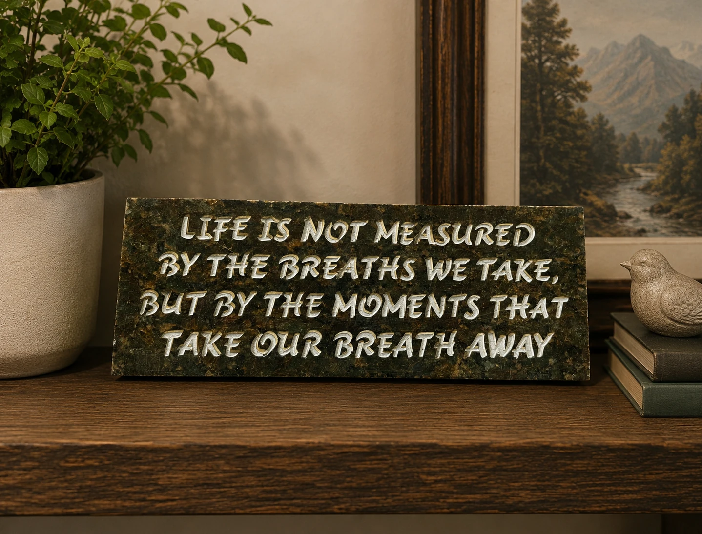 Life’s Moments · dark granite example in a digitally styled home setting — completed example