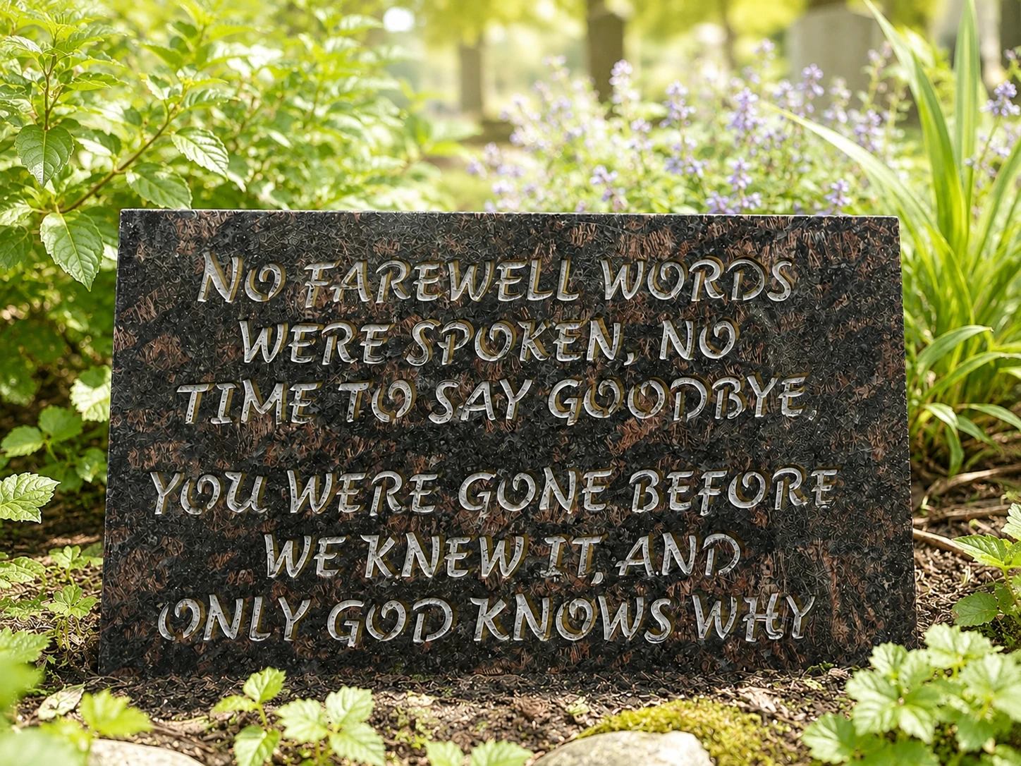 No Farewell Words · dark granite example in a digitally styled garden setting — completed example