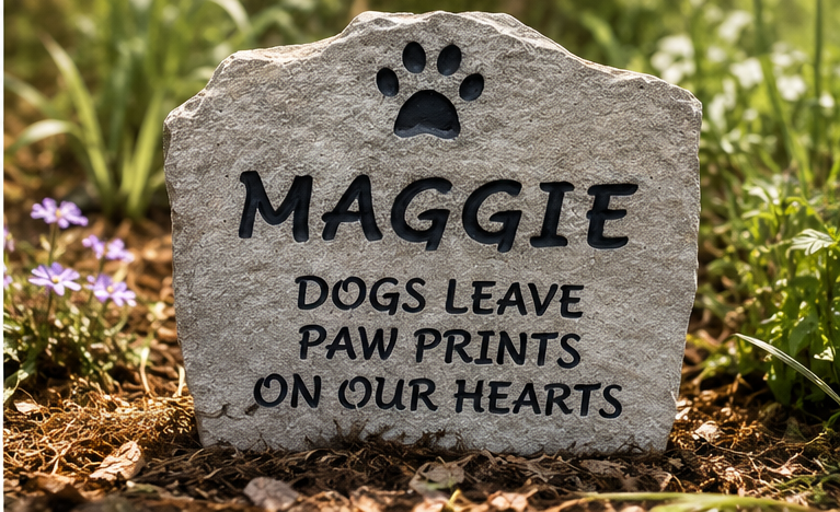 MAGGIE beneath a paw print and above Dogs Leave Paw Prints on Our Hearts on a natural stone in a digitally styled garden setting