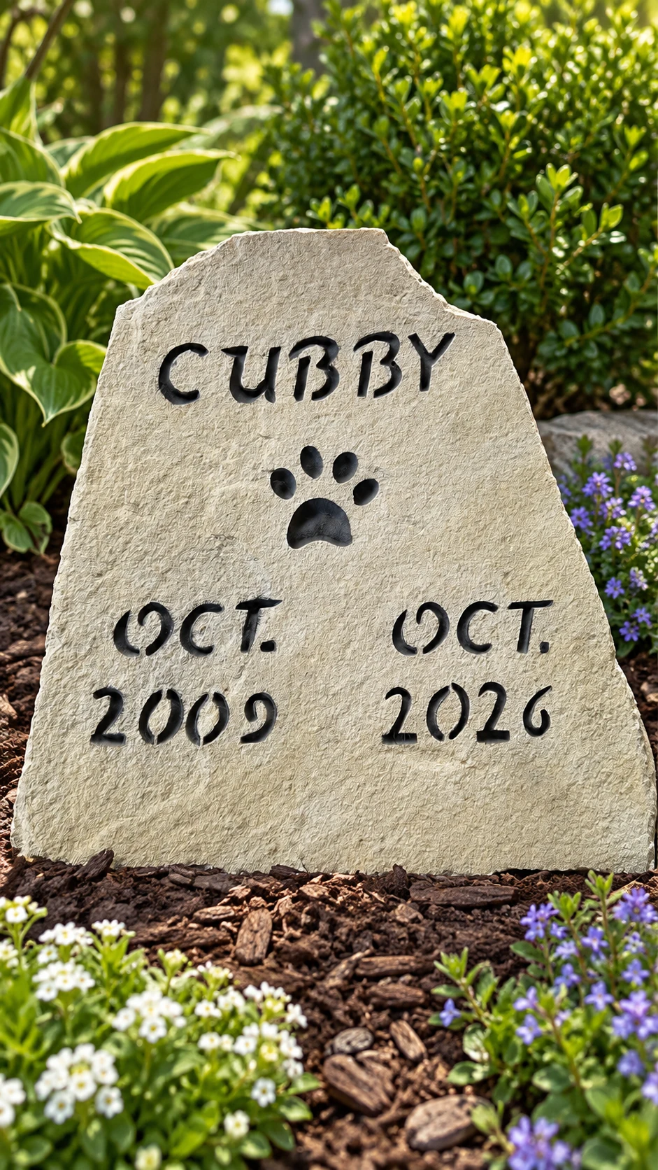 Cubby memorial with a paw print and the dates October 2009 and October 2026