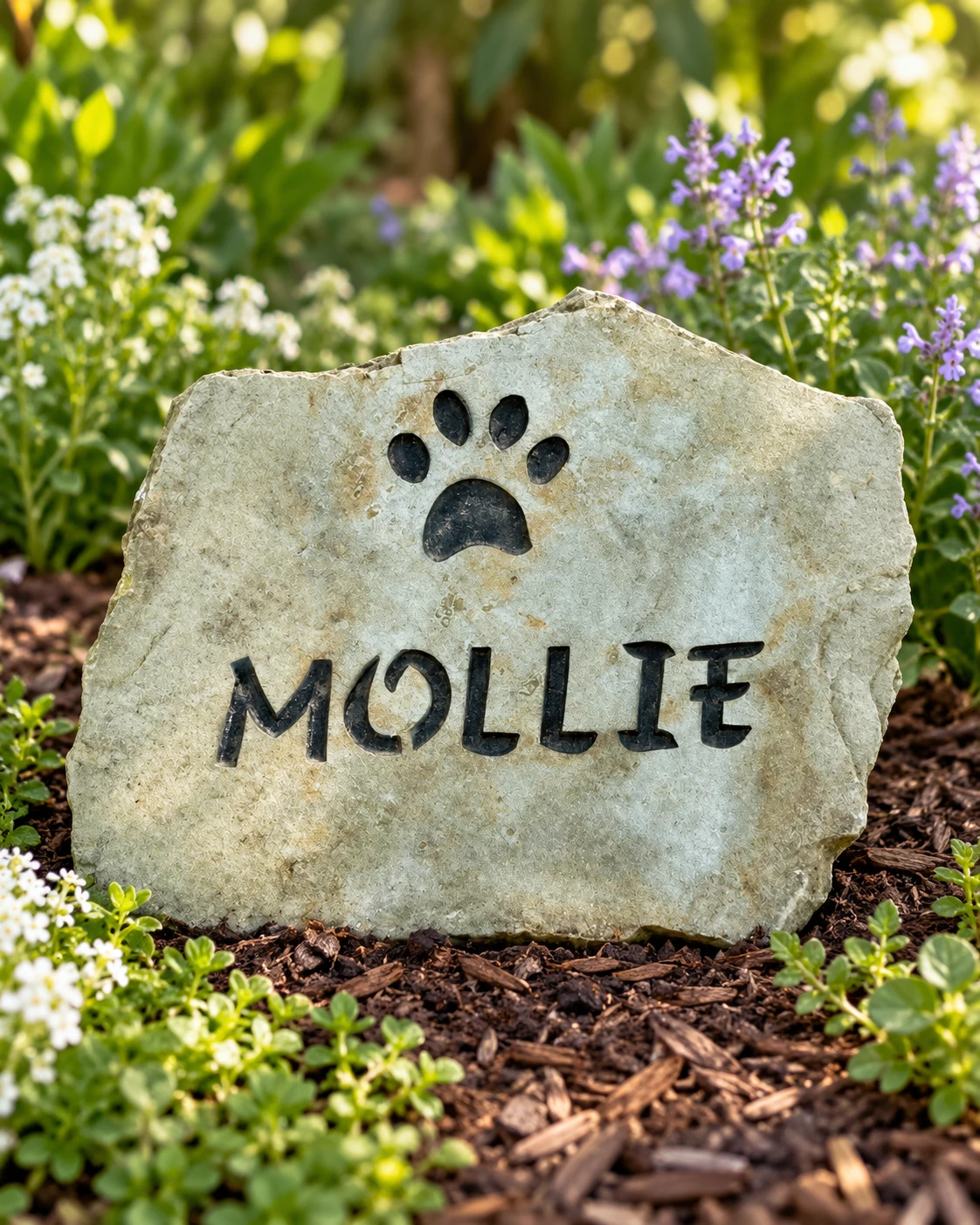 Mollie pet memorial stone with an engraved paw print among garden flowers