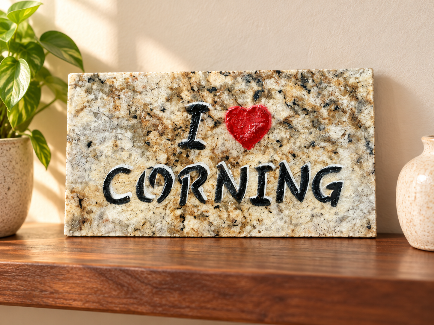 I Love Corning displayed on a shelf. Engraving: I ♥ / CORNING