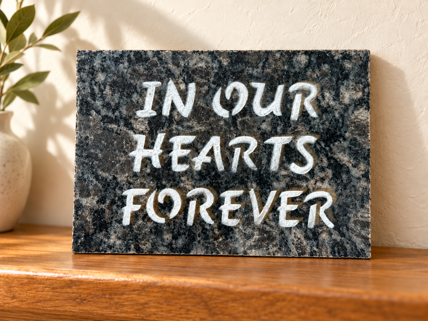 In Our Hearts Forever displayed on a shelf. Engraving: IN OUR / HEARTS / FOREVER