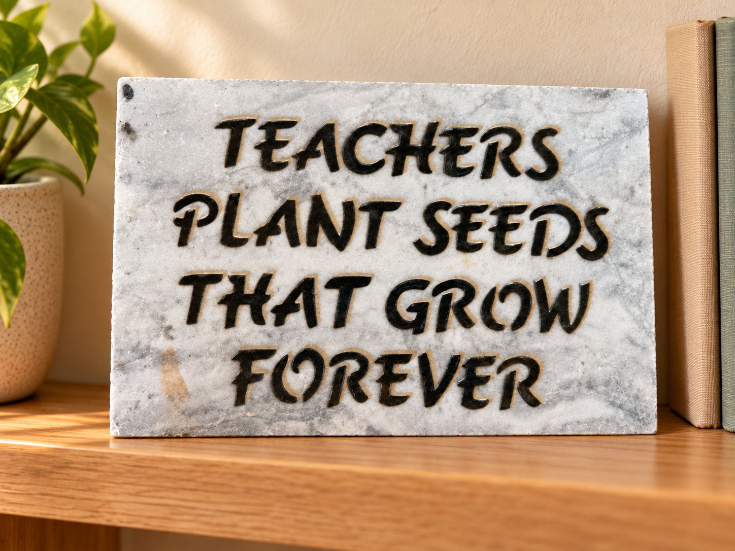 Teachers Plant Seeds displayed on a shelf. Engraving: TEACHERS / PLANT SEEDS / THAT GROW / FOREVER