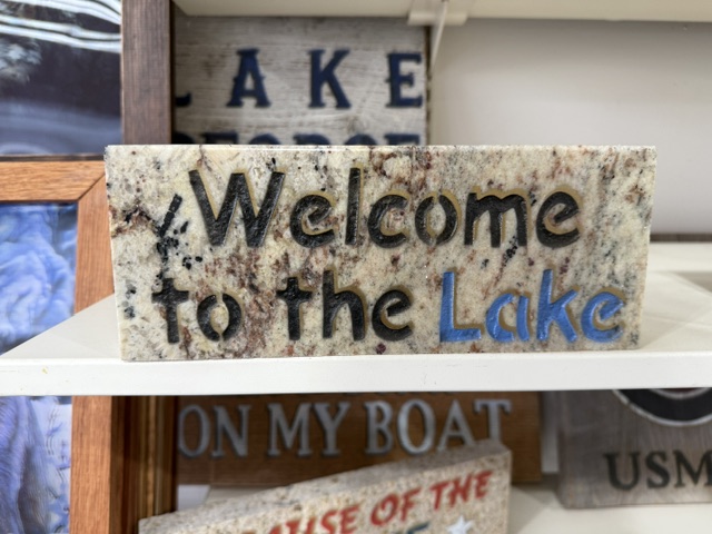 Welcome to the Lake engraved in granite