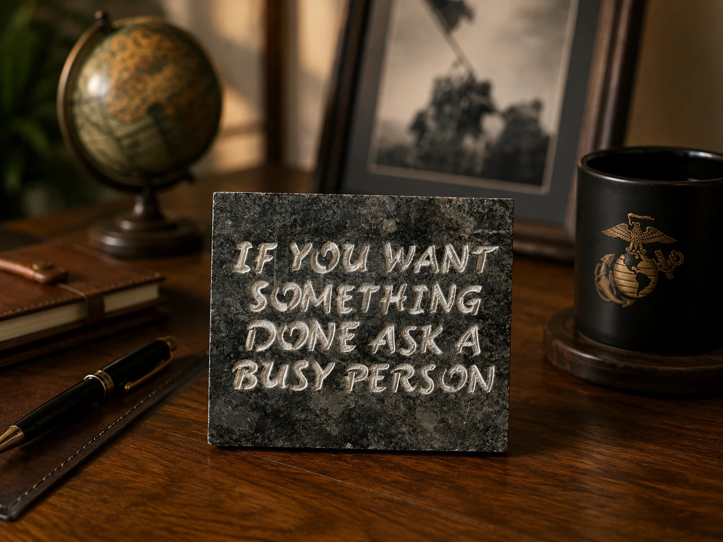 Ask a Busy Person engraved in granite