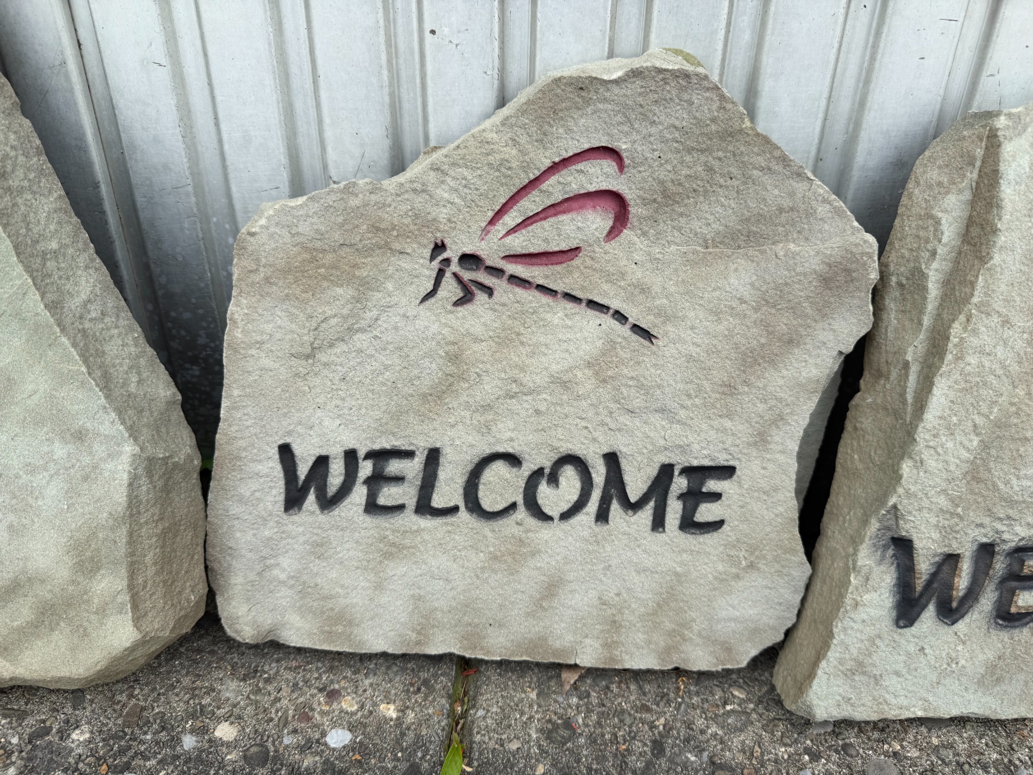 A finished natural Welcome stone with an engraved red dragonfly, standing beside other stones