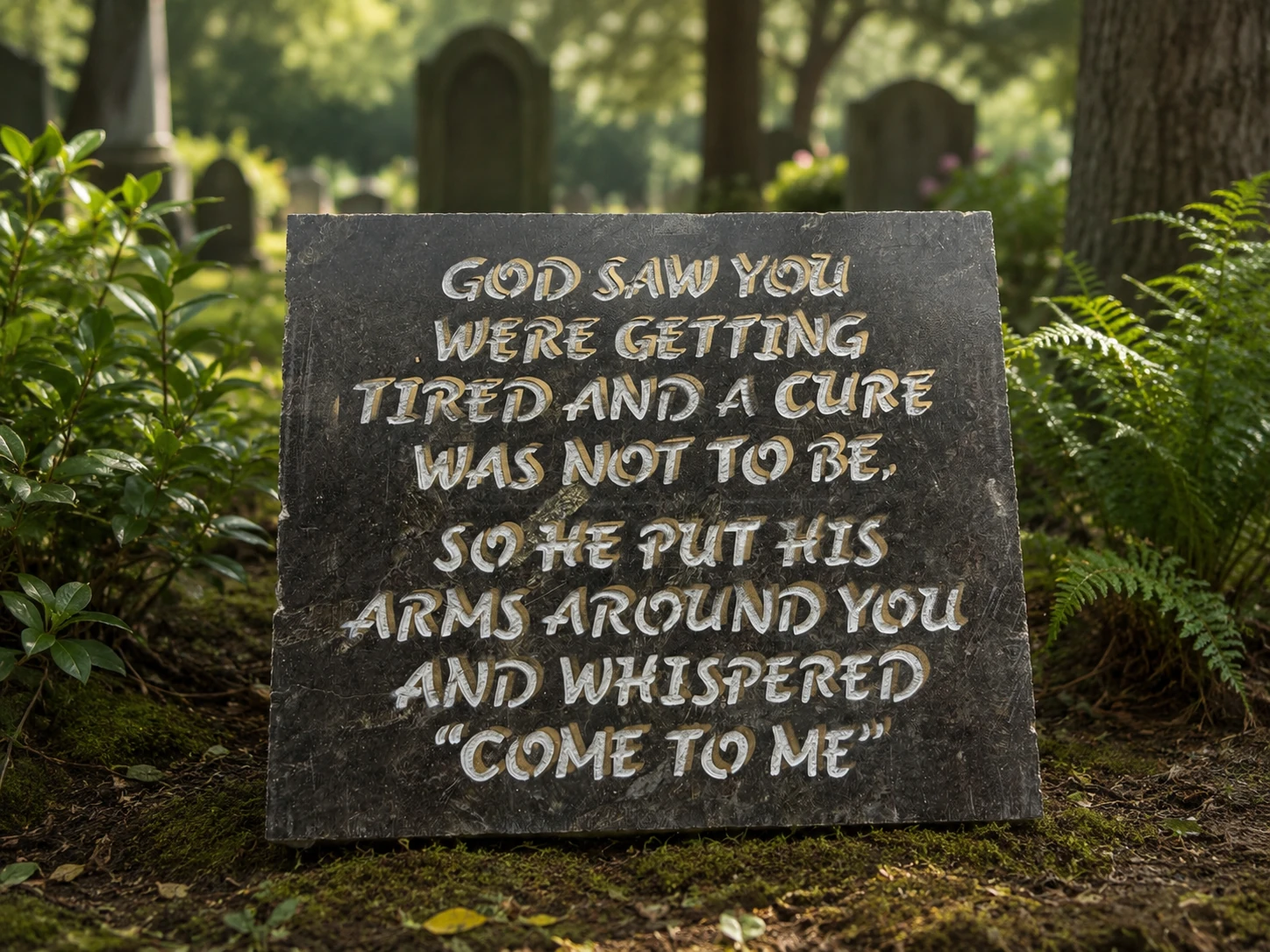 God Saw You Were Getting Tired engraved in granite