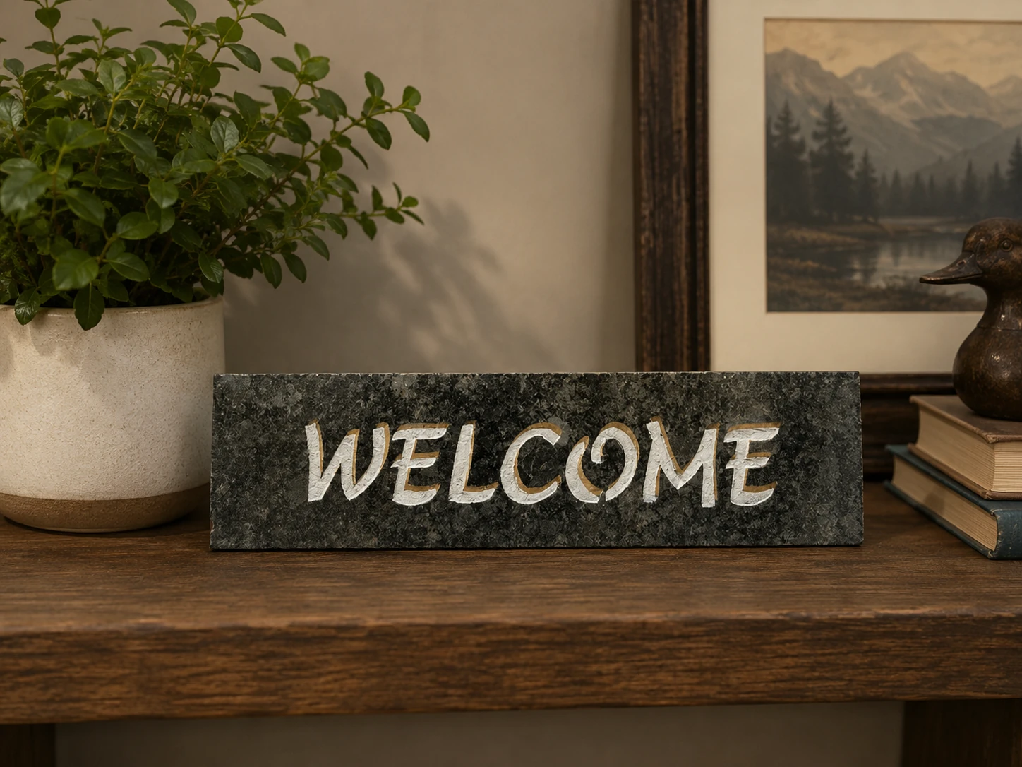Welcome engraved in granite